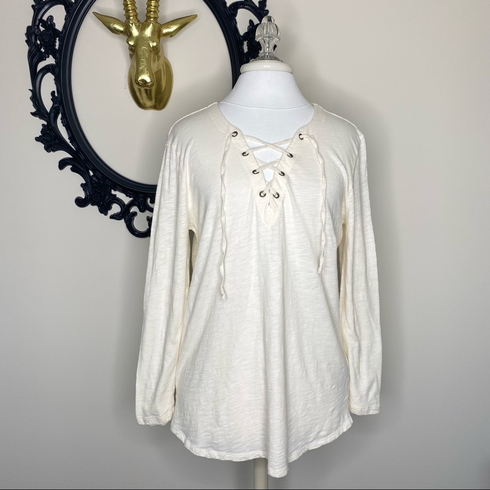 Old Navy Cream Heathered Long Sleeve Top with Ties